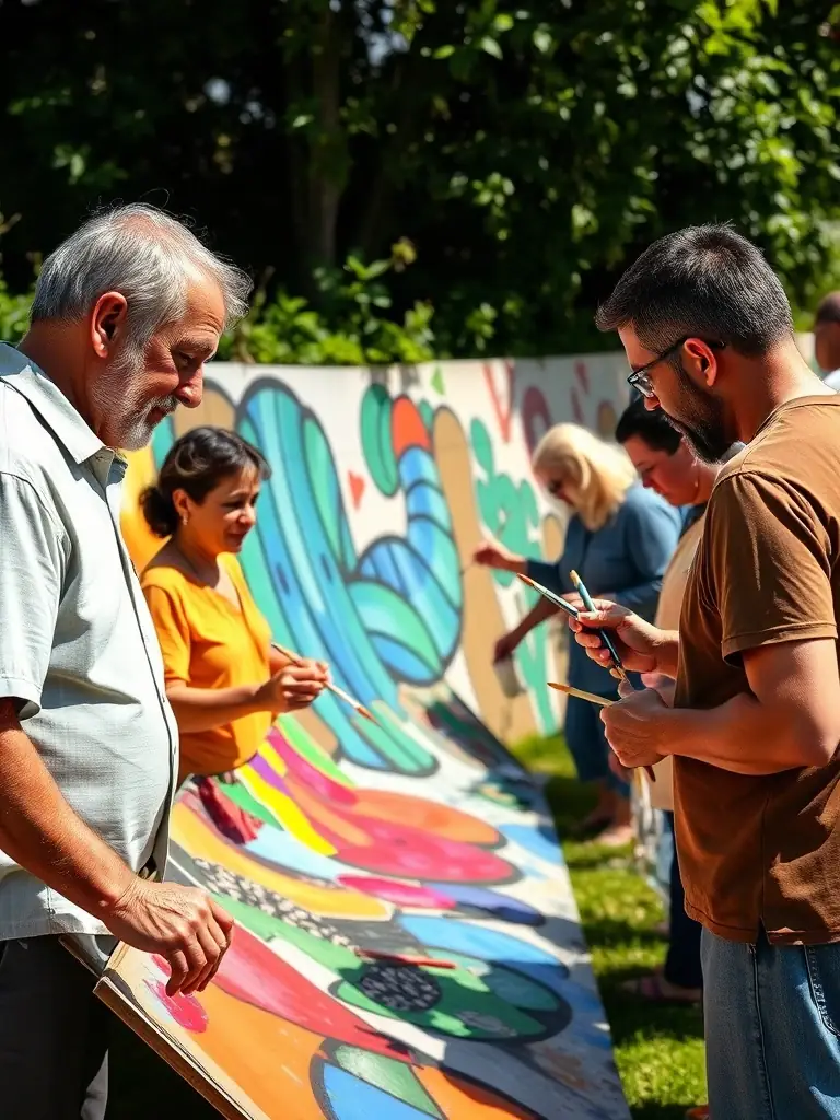A vibrant photograph capturing participants of diverse backgrounds collaborating on a community mural project, showcasing the artistic process and the final artwork.