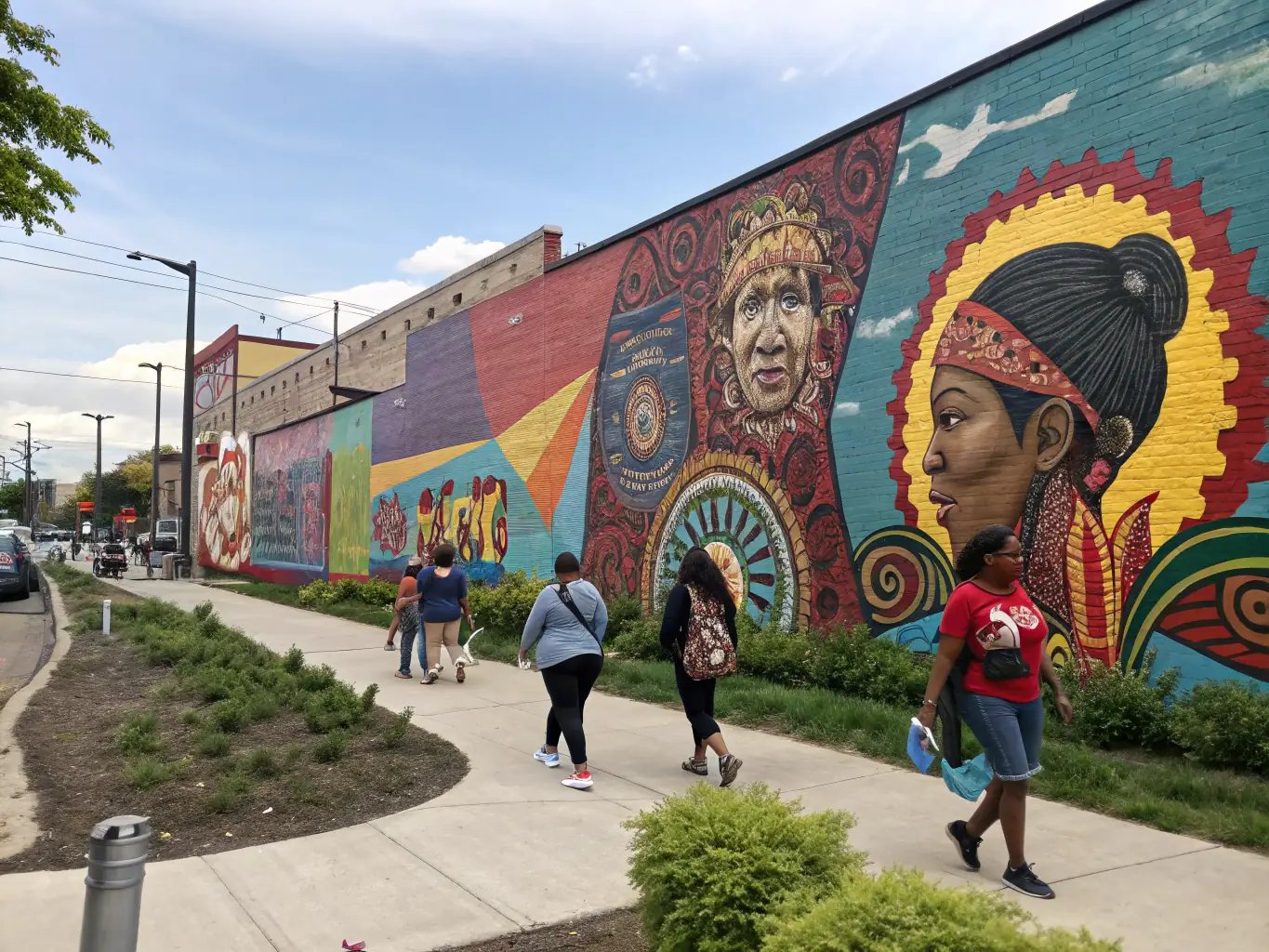 A vibrant community mural project in Bourges, France, showcasing diverse artistic styles and community collaboration, reflecting POL'ART's commitment to multicultural expression.