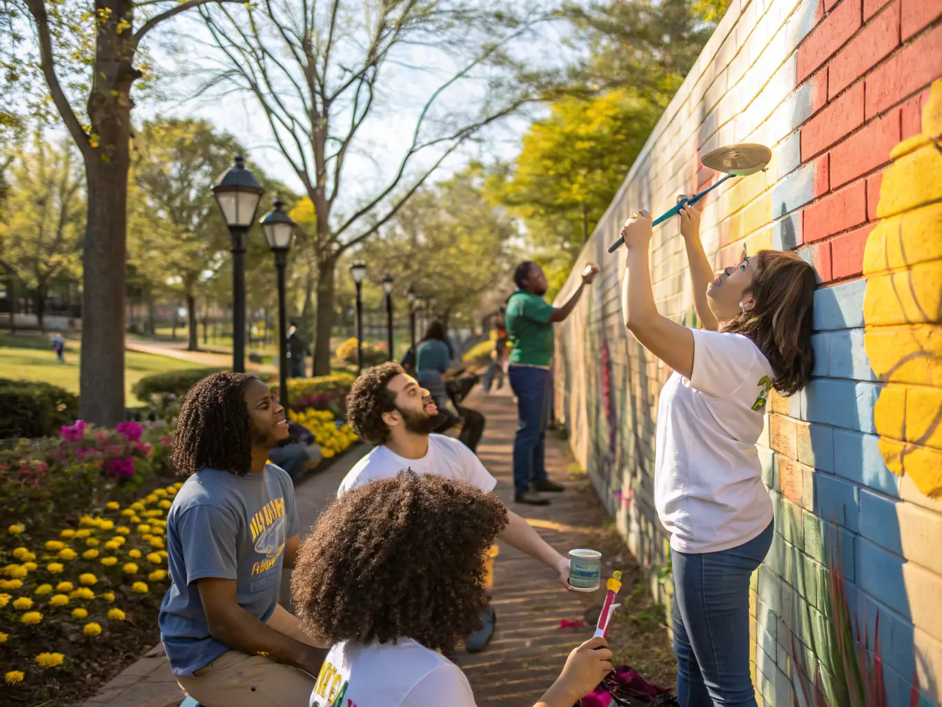 A diverse group of people participating in a community mural project, showcasing collaboration and artistic expression.