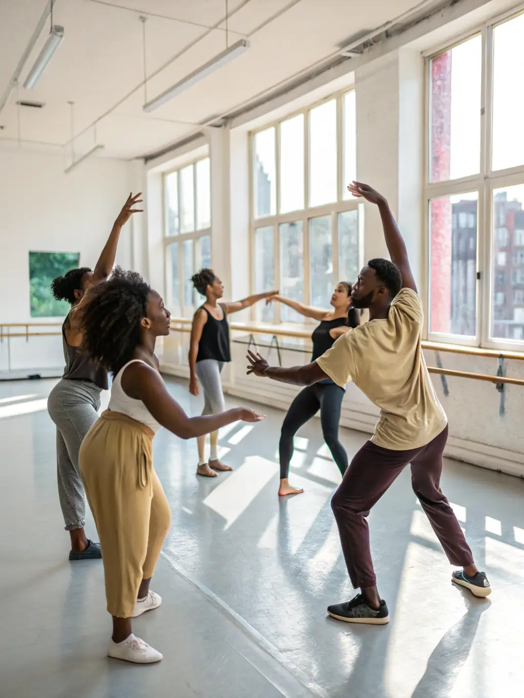 A dynamic image of a dance workshop in progress, featuring participants of various ages and backgrounds learning traditional dance moves.