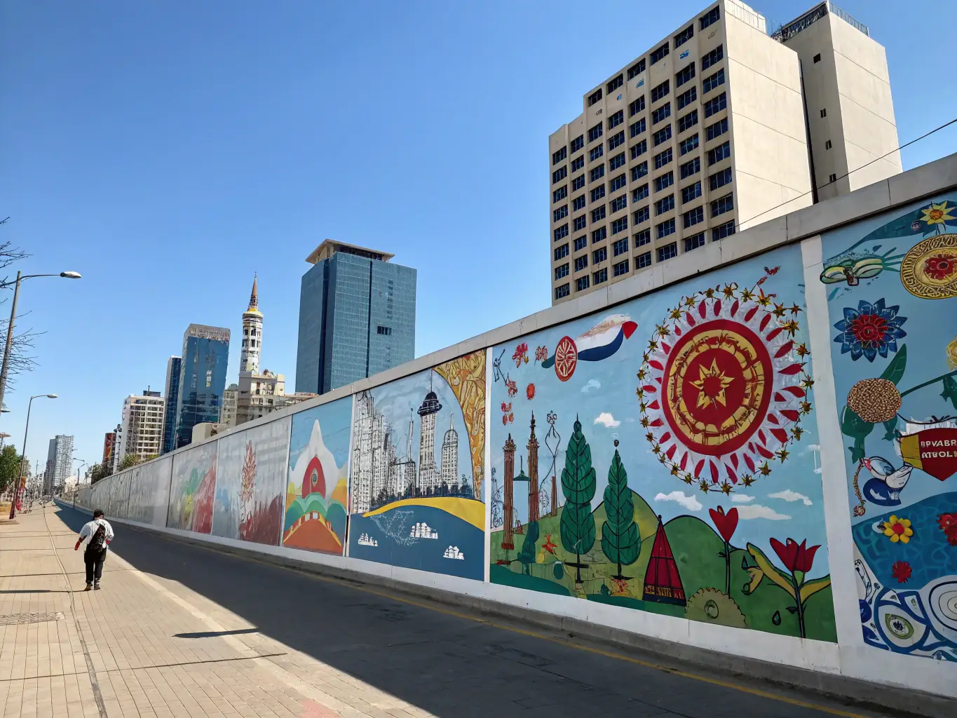 A vibrant community mural in Bourges, France, showcasing diverse cultural symbols and artistic styles, reflecting POL'ART's commitment to multiculturalism and community engagement.