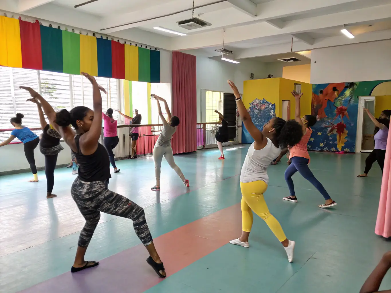 A dynamic dance workshop in Bourges, France, where participants of all ages are learning new moves and expressing themselves through movement, highlighting POL'ART's dedication to artistic events and workshops.
