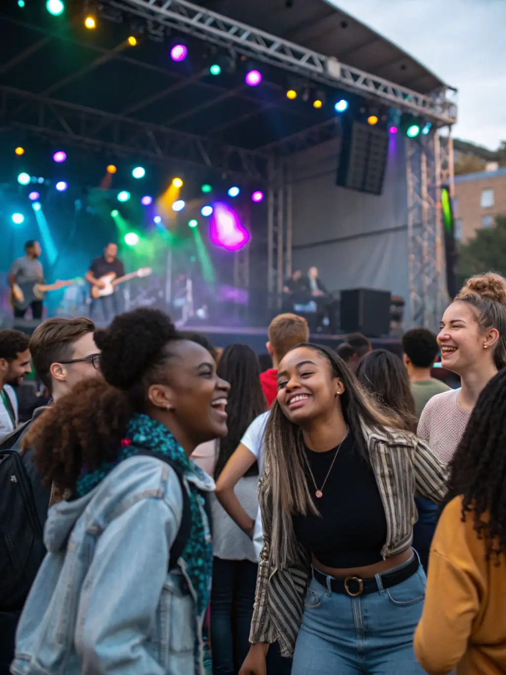 A photograph of a music event organized by POL'ART, showcasing local musicians performing on stage, with an enthusiastic audience enjoying the performance, emphasizing the organization's support for local talent.