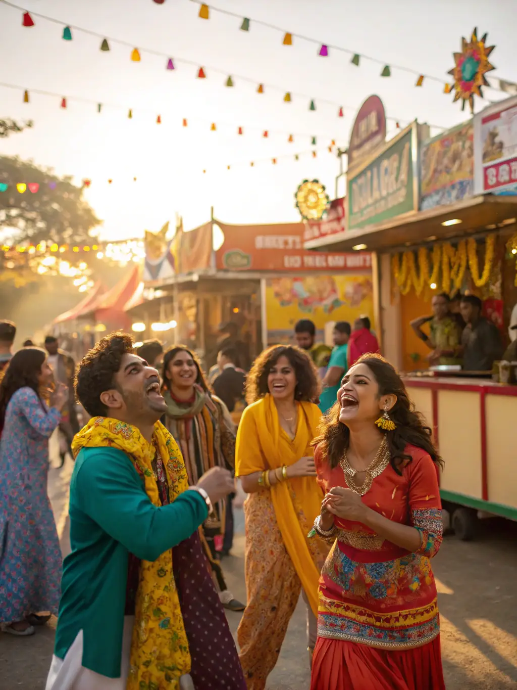 A photograph of a vibrant street art festival, showcasing diverse cultural performances and interactive art installations, set against an urban backdrop.