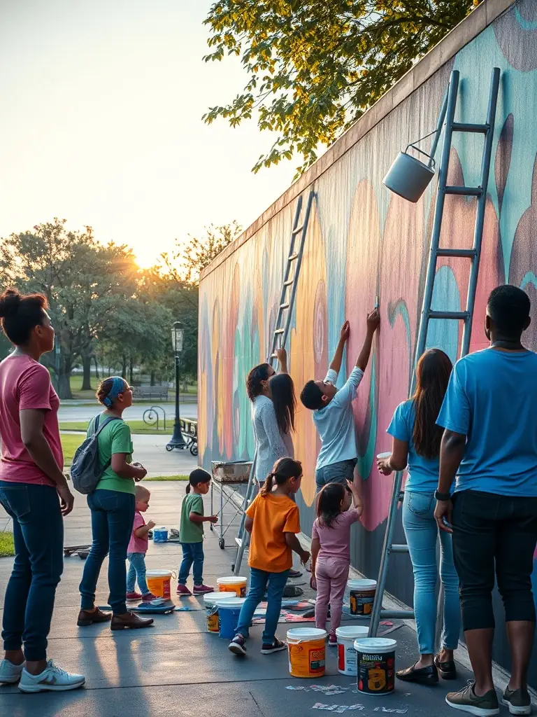 A photograph capturing a diverse group of people participating in a community mural project, showcasing the collaborative spirit and cultural exchange fostered by POL'ART's interventions.