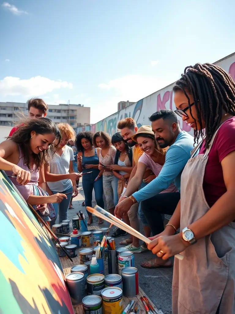 A photograph capturing a diverse group of artists collaborating on a large-scale community mural, showcasing vibrant colors and cultural symbols, emphasizing the collaborative spirit of POL'ART's multicultural artistic interventions.
