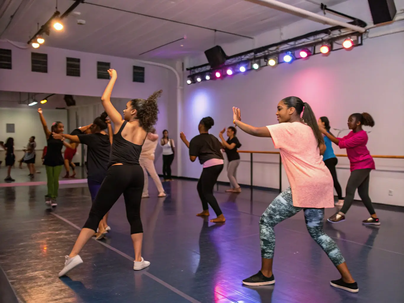A dynamic dance workshop in a community center, with participants of all ages learning traditional and contemporary dance moves, highlighting POL'ART's dedication to artistic education and cultural exchange.
