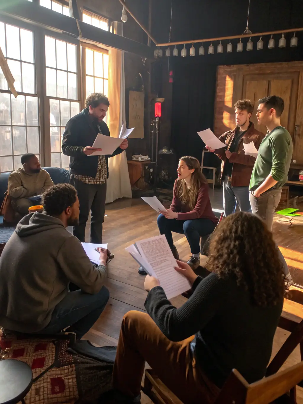 A photograph of a theater workshop where participants are actively engaged in a scene, showcasing the development of skills and creative expression facilitated by POL'ART.