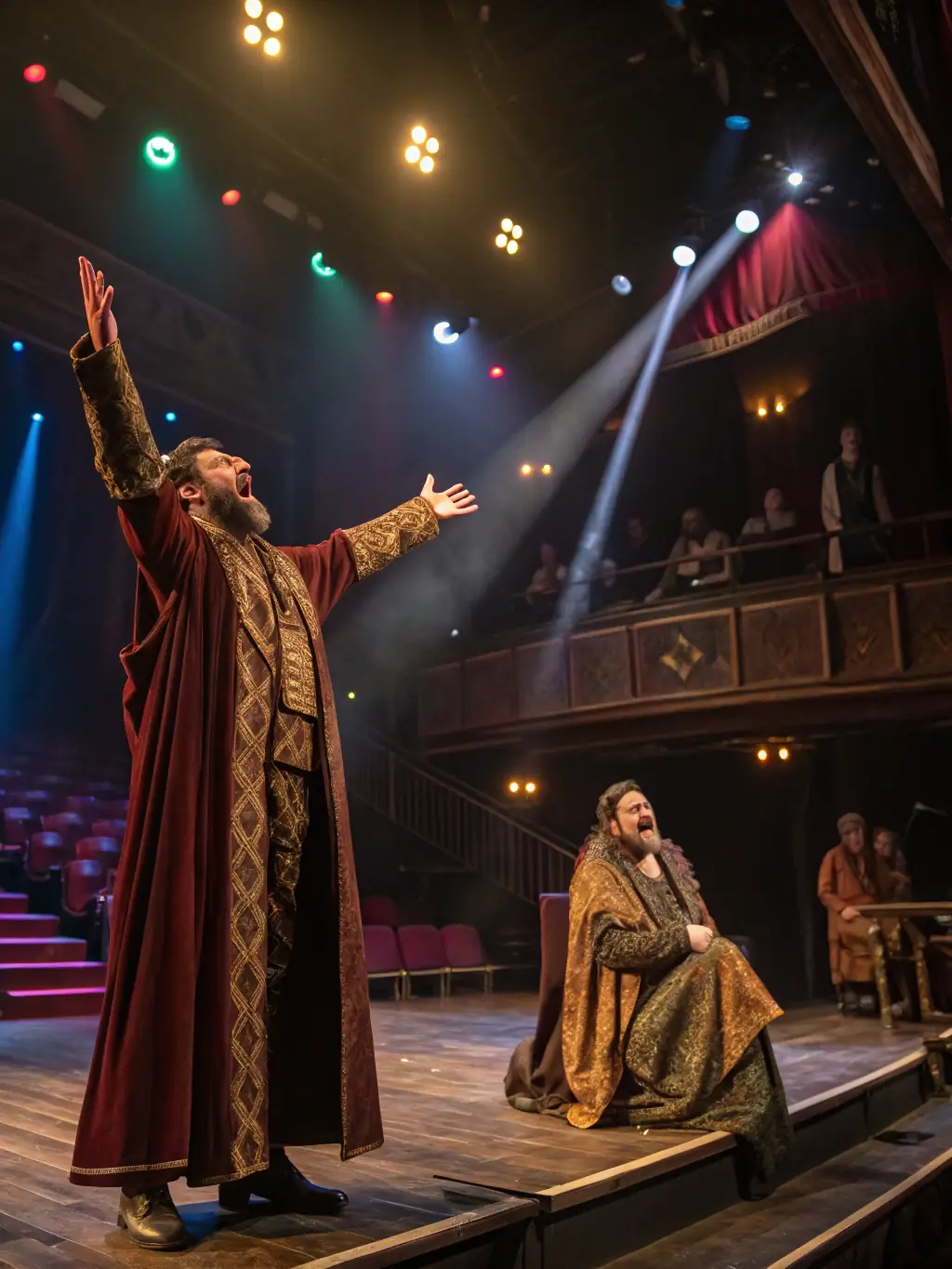 A captivating image of a theater performance, highlighting actors in colorful costumes enacting a scene from a multicultural play.