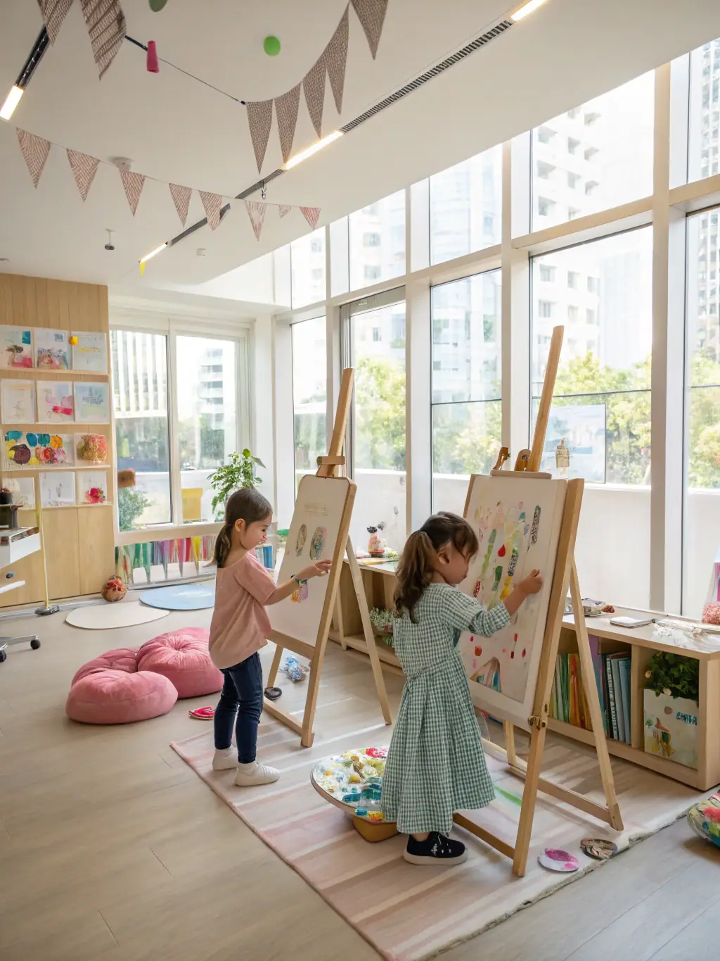 An image of children participating in a visual arts workshop, creating colorful paintings and sculptures under the guidance of an experienced artist.